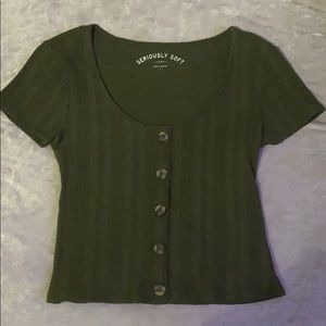 Army green button crop top